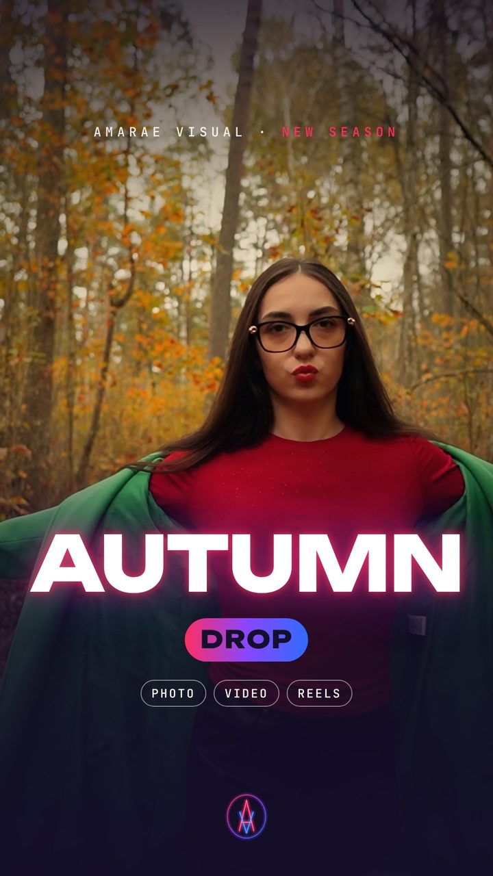 Обложка Reels AUTUMN DROP: девушка в зелёном пальто в осеннем лесу, неоновый заголовок